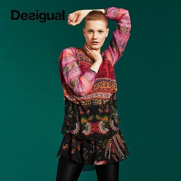Desigual Dresses & Skirts - Desigual Multicolor Prints Stripes Sheer Sleeves Tieres Carol Mini Dress Size L